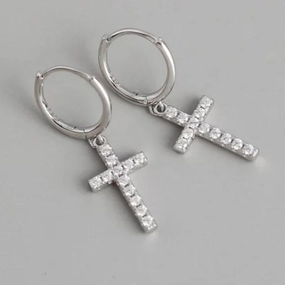 STERLING SILVER CROSS EARRINGS - Picture 1 of 4